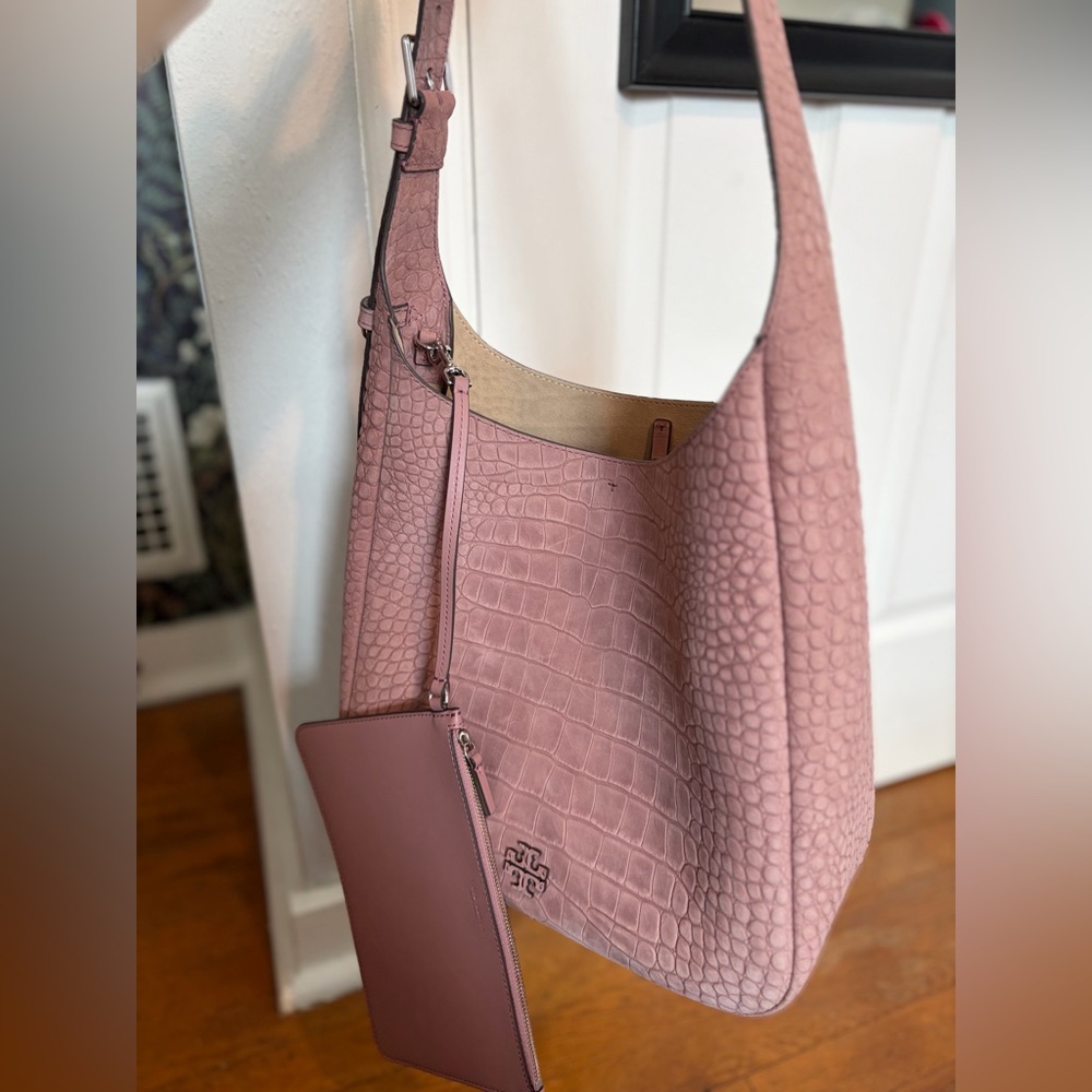 Tory Burch Embossed Thea Genuine Suede Slouchy Shoulder Bag with Pouch. NWT.